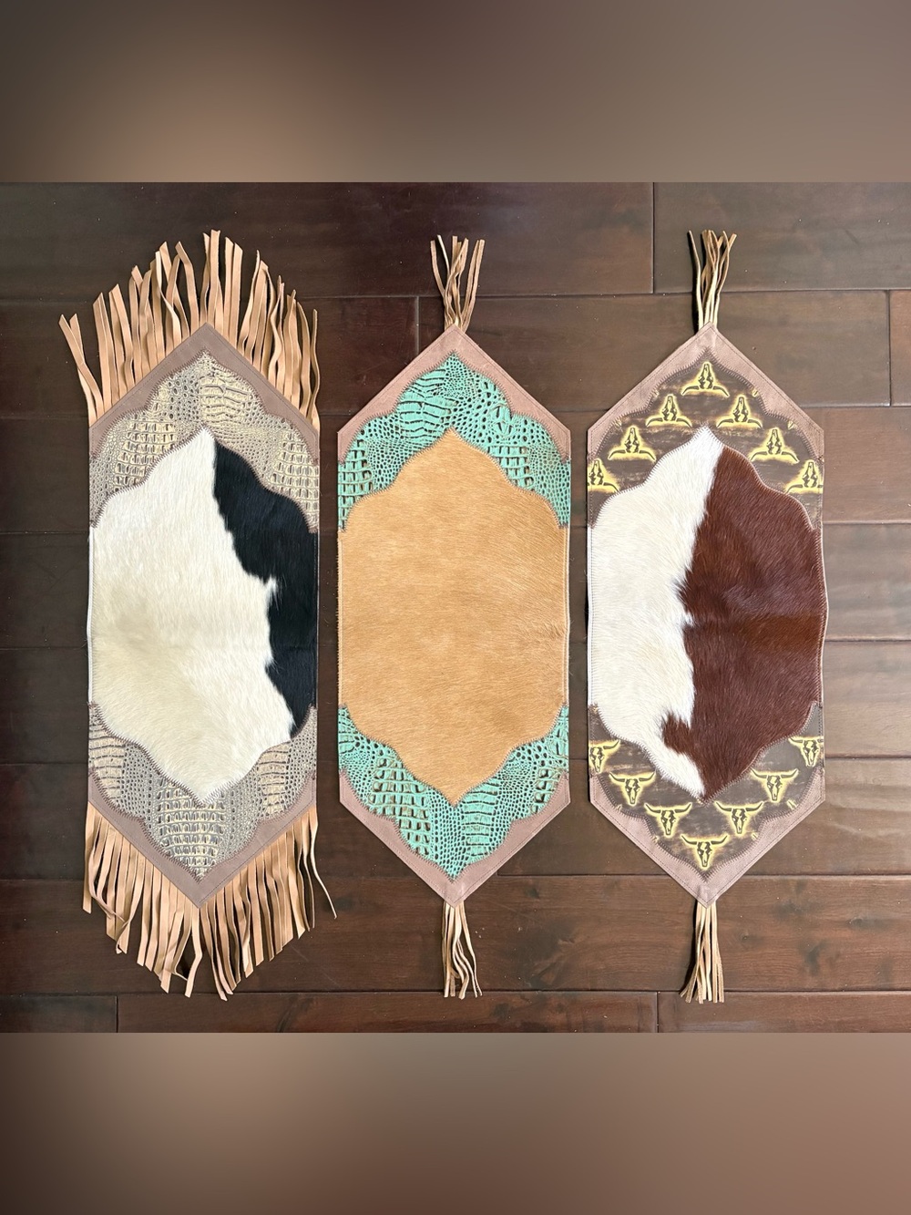 Leather Cowhide Hair Embossed Fringe Table Runner 40” Made in Brazil - Pick One